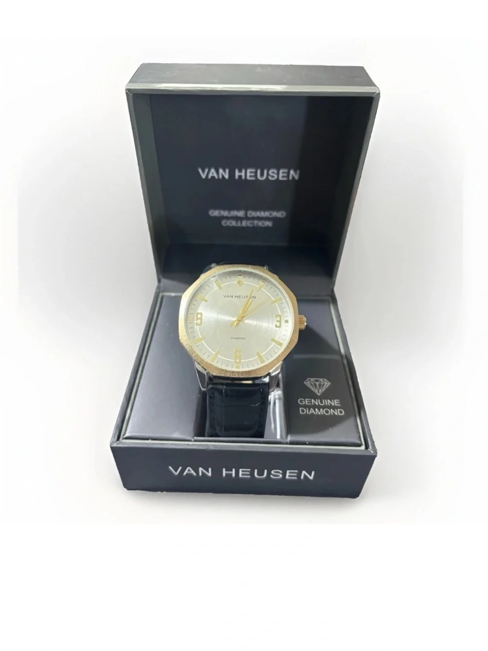 Van Heusen Gold Tone & Black Leather Dress Watch